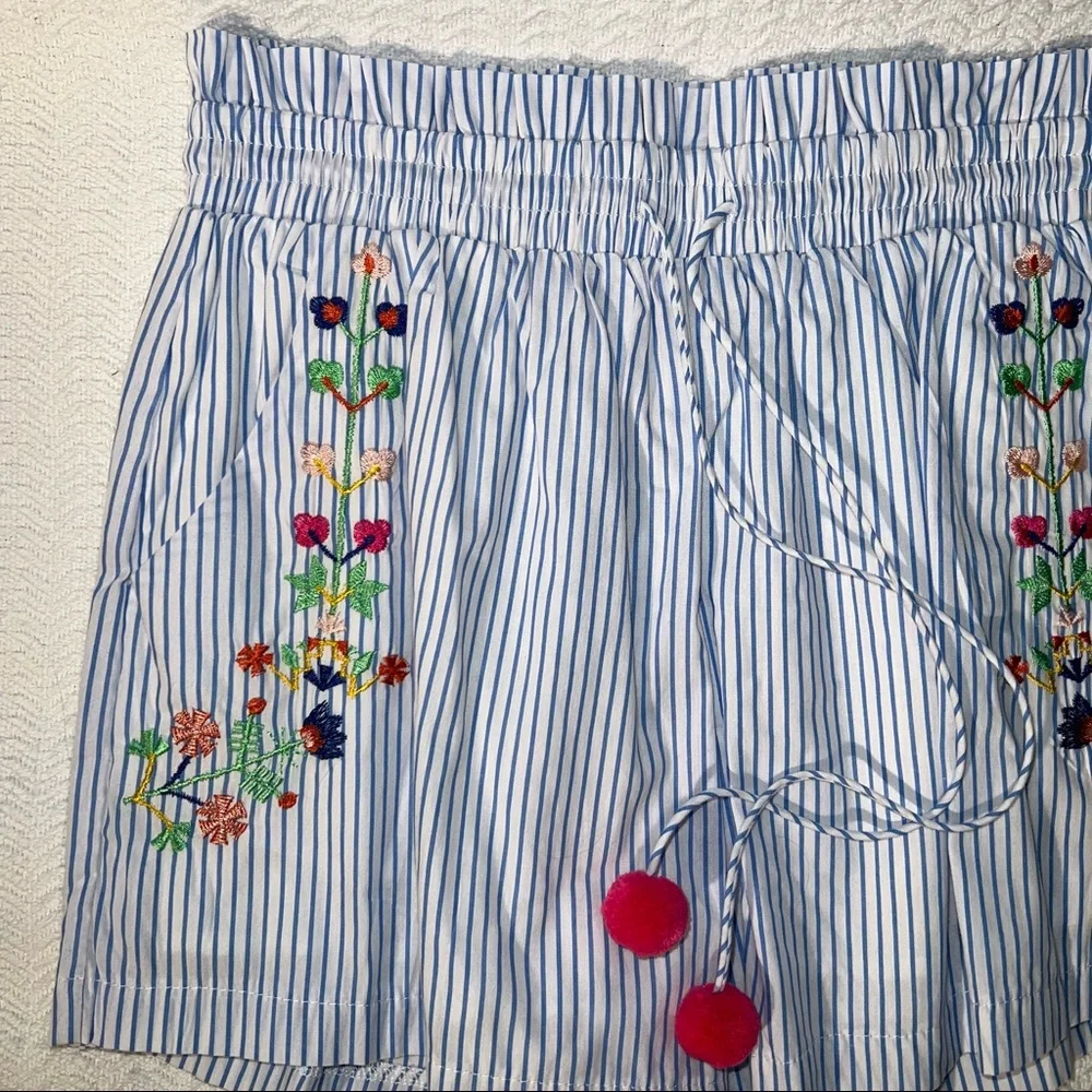 hazel Blue & White Striped Embroidered Pom Pom Shorts
